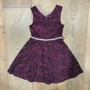 Speechless Girls Burgundy Glitter Floral Lace Crystal Fit & Flare Dress - Size 7